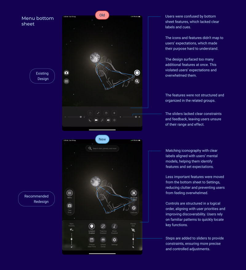 Redesign recommendation for the menu bottom sheet.