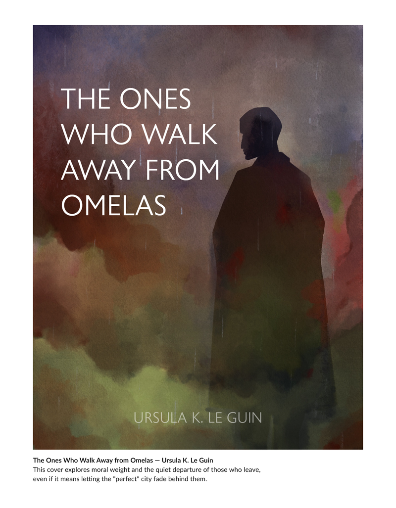 Illustrated concept cover for the story 'The ones who walk away from Omelas' by Ursula K. Le Guin