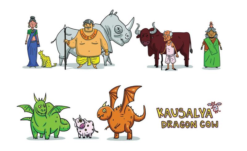 SHORT STORY ILLUSTRATIONS PROJECT 04 - JELLYFISH MONTHLY Characters and illustrations designed for the story ‘Kausalya Dragon Cow’ that ran through various issues of the magazine.