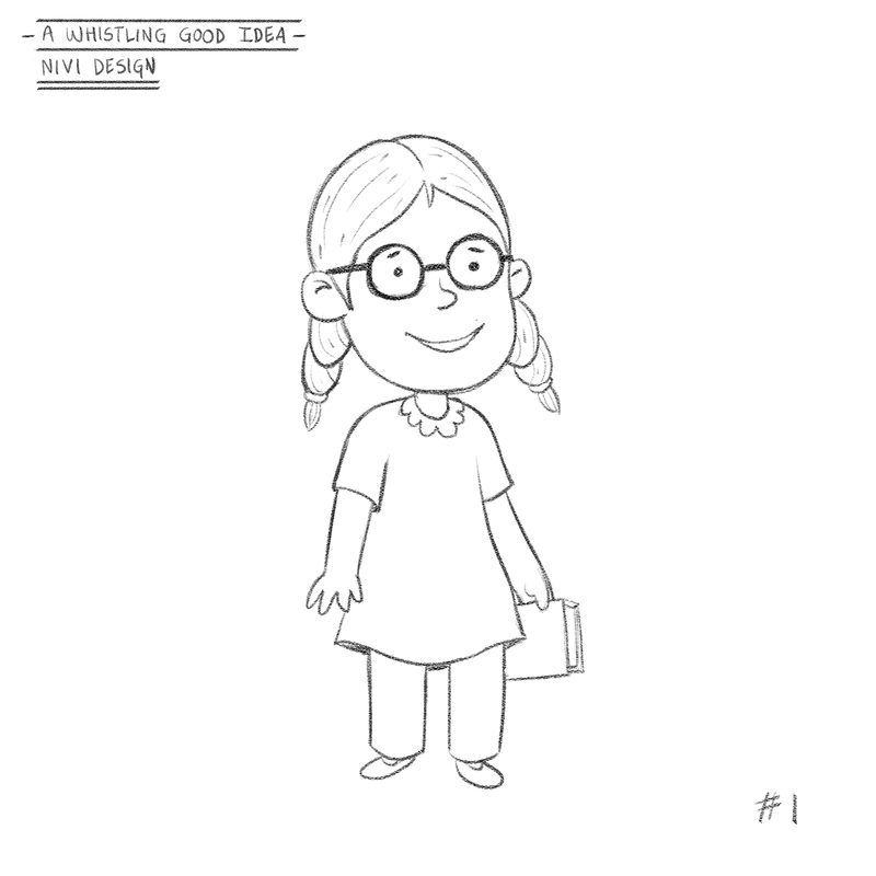 One the design exploration for the character design of Nivi from the book 'A Whistiling Good Idea'.
