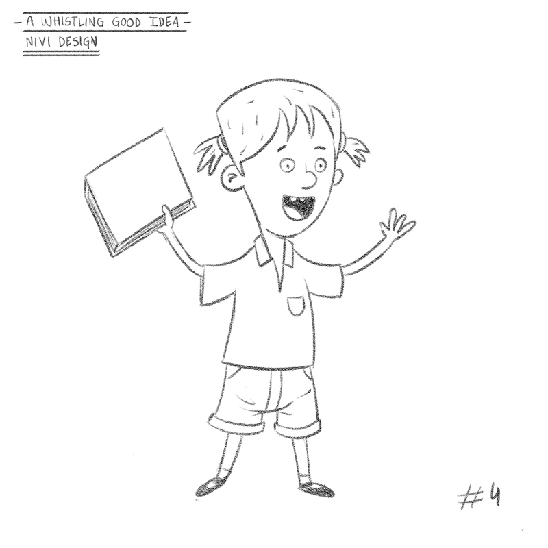 One the design exploration for the character design of Nivi from the book 'A Whistiling Good Idea'.