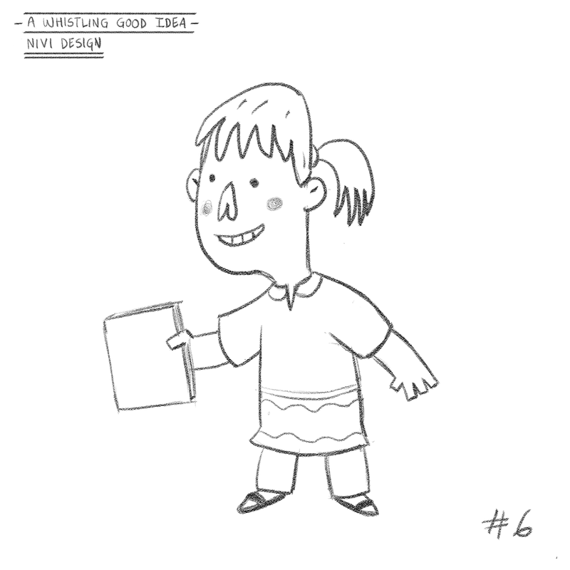 One the design exploration for the character design of Nivi from the book 'A Whistiling Good Idea'.